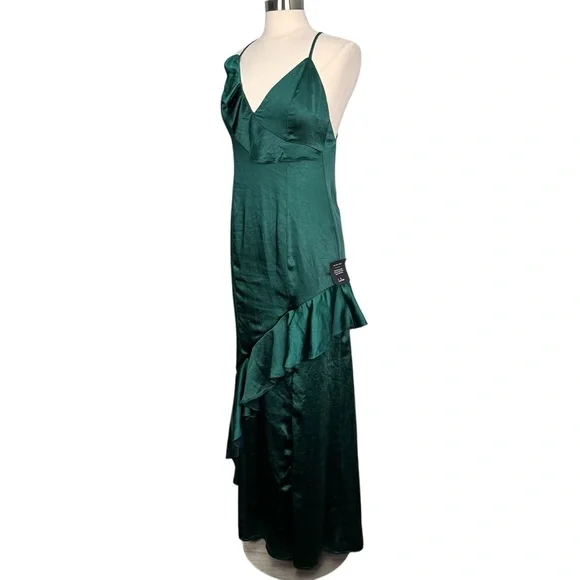 NWT Lulus Lucky Lady Hunter Green Satin Ruffled Maxi Dress Size M (6-8) - Picture 7 of 15